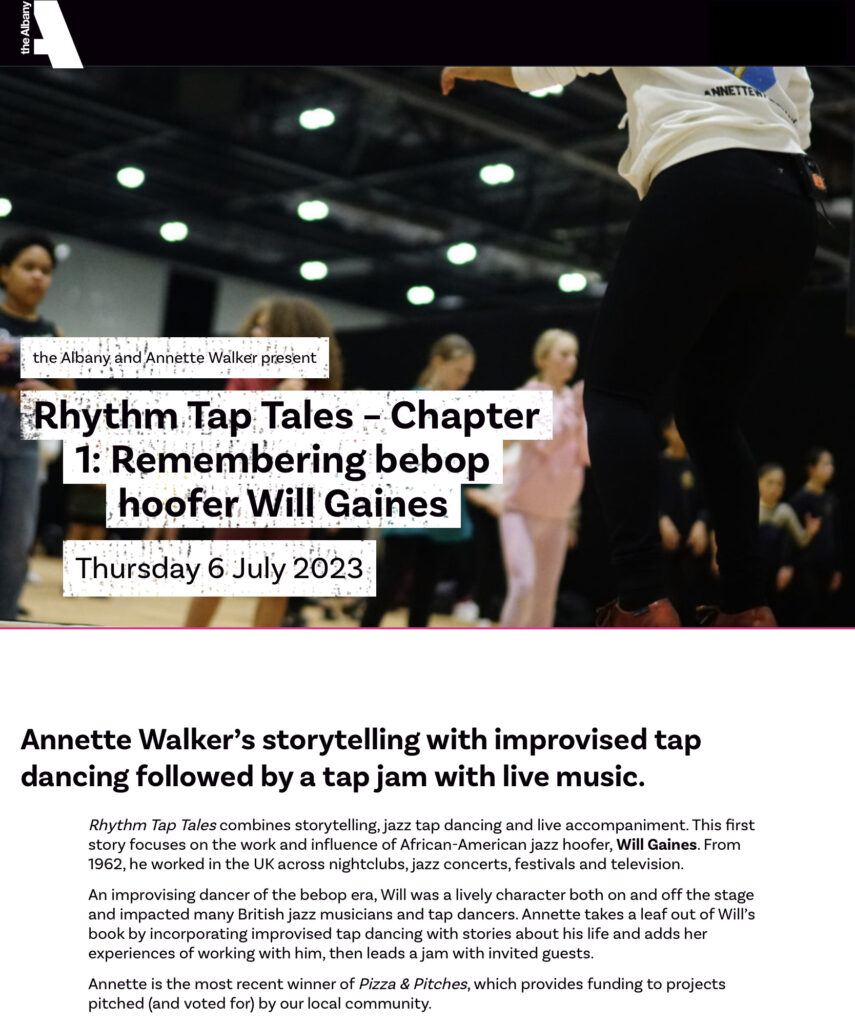 Screenshot of The Albany listing for Annette Walker's Rhythm Tap Tales - Remembering Bebop Hoofer Will Gaines, 6 July 2023